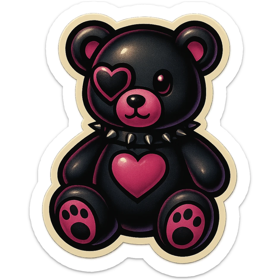 gothic teddy bear with black and pink color scheme, bear with heart-shaped eye patch, retro stickers style sticker