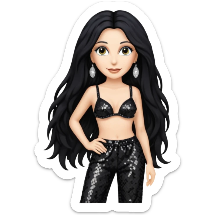 Cher with long black hair, black sequin bra, black sequin baggy pants sticker