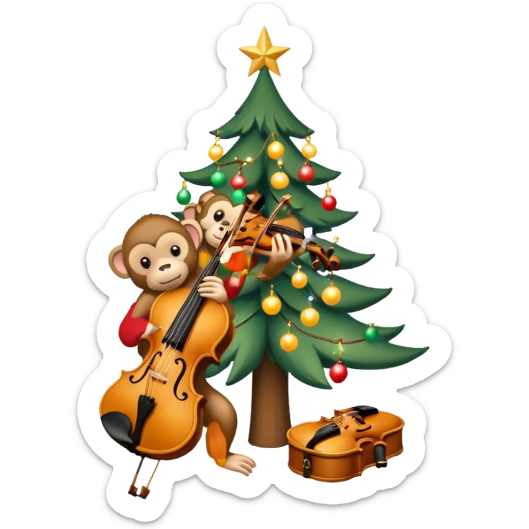 sapin de Noël décoré d'une guirlande lumineuse et de boules  avec un violon à la place du tronc et un petit singe perché au sommet en train de mettre l'étoile de Noël sticker