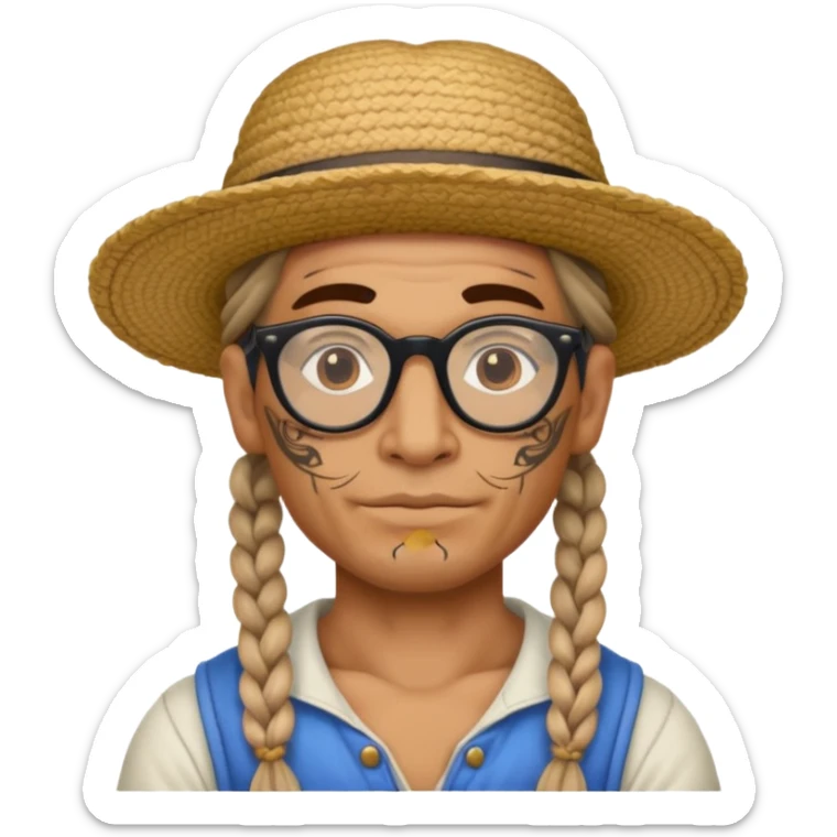 very tattoed face, normal glassess, fat venice gondolier with iconic hat and thick braided hair sticker
