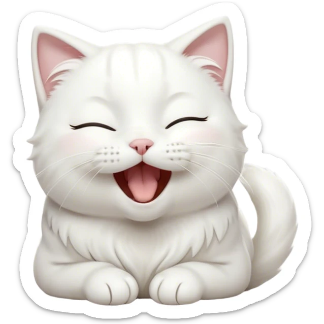 Cinematic Cute Yawning White Cat Portrait Emoji, Head gently tilted with an endearing, wide-open yawn and softly closed eyes, showcasing a pristine white fur with delicate hints of silver, simplified yet irresistibly adorable, highly detailed, glowing with a tender, cozy radiance, high shine, exuding sleepy charm and gentle affection, styled with a soft glowing outline, capturing the essence of a white cat caught mid-yawn, radiating pure, adorable lethargy! sticker