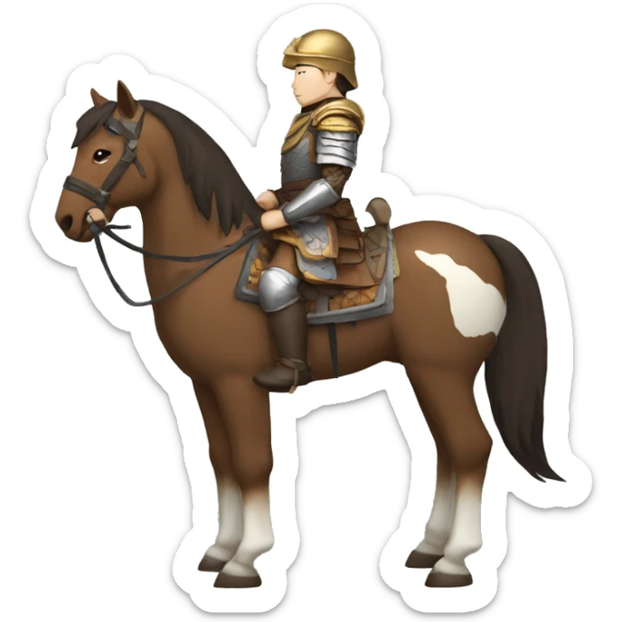 a mongolian soldier  with white skin and brown armor on a horse from the side sticker