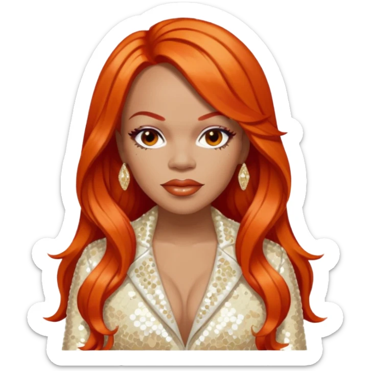 Faith Evans with long orange-red hair, ivory sequin outfit  sticker