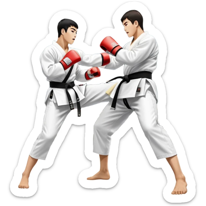 Two taekwondo fighters in traditional white doboks with black belts. One delivers a powerful kick, while the other defends by blocking with his knee. The background shows a professional arena with bright lights and an excited crowd. Transparent background highlights the intense action sticker