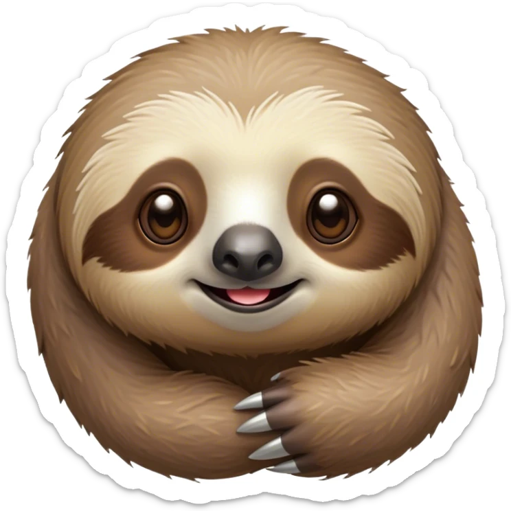 Cinematic Cute Sloth Portrait Emoji, Head tilted playfully and inquisitively, with a delightfully relaxed expression accented by a soft, fuzzy Fur and round, sparkling eyes filled with charm, Simplified yet irresistibly adorable features, highly detailed, glowing with a warm, gentle glow, high shine, affectionate and laid-back, stylized with a touch of whimsical laziness, bright and endearing, soft glowing outline, capturing the essence of a mischievous yet loving sloth that seems as if it could slowly dangle out of the screen into your arms! sticker
