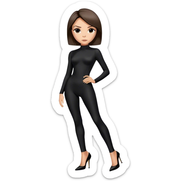 Victoria Beckham with light skin, short dark brown bob, black catsuit wearing black heels sticker