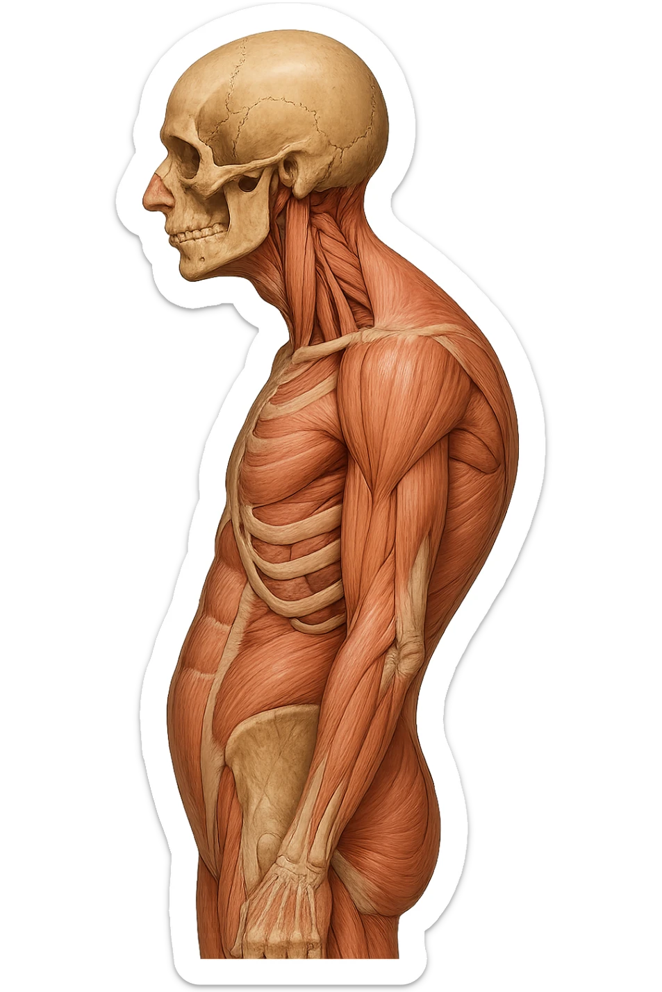 corpo UMANO ANATOMICO di profilo con spalle chiuse in avanti, postura errata, iperrealistico 4k sticker