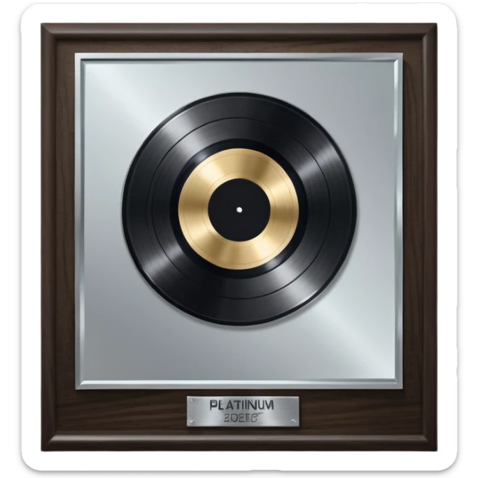 A platinum music award plaque: a square, polished platinum plate with a subtly textured, mirror-like finish, mounted on a simple dark wood base. The center features a relief of a or stylized vinyl record in a slightly darker metallic tone.  sticker