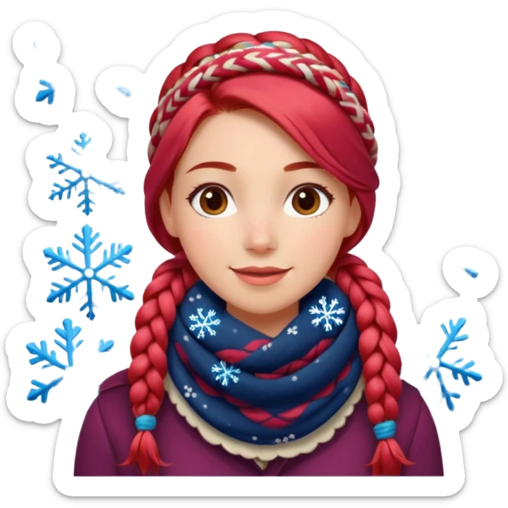 A red braid hair cheerful woman with patterned scarf, snowflakes land on her hair. sticker