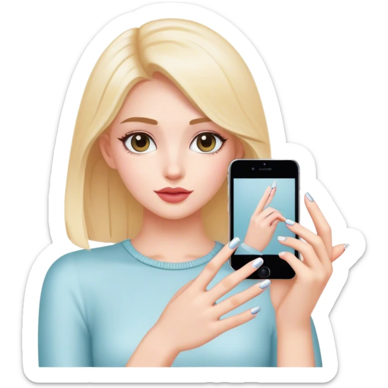 Girl takes photo her hand with new manicure sticker