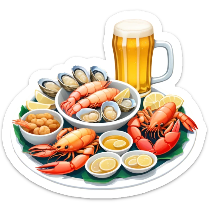 Qingdao seafood with beer, simplified emoji style with bold outlines and bright colors, cartoon style Chinese seafood platter with yellow beer sticker