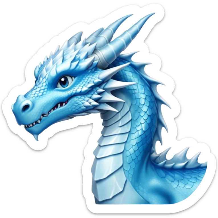 Cinematic Noble elegant Ice Dragon Portrait Emoji, Poised and imposing, distinct long elegant snout, with a slender, scaled body shimmering in glacial hues of icy blue, frostbitten silver, and crystalline white, breathing out frost, with piercing, glowing ice blue white eyes that radiate the chilling depths of an arctic storm; rendered in detail. sticker