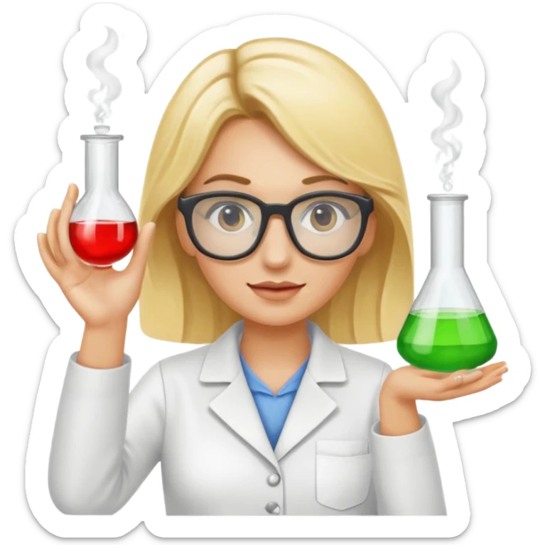 Eine hellblonde Chemikerin mit typischem Erlmeyerkolben in der Hand und Laborbrille auf sticker