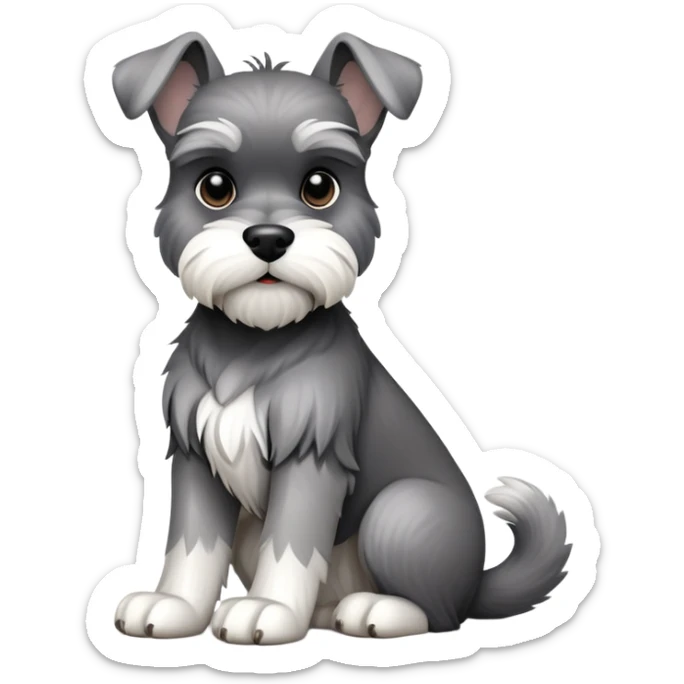 cinematic-[schnauzer]-realistic-full-body-sitting-emoji,-tail-resting-loosely-beside-its-paws,-head-tilted-dramatically, -sleek-[grey and white]-fur,-simplified-yet-realistic-focused-features,-highly-detailed,-glowing-with-an-almost-sarcastic-glow sticker