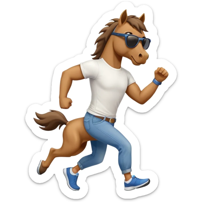 friendly anthropomorphised stallion in jeans and a t-shirt, wearing dark sunglasses, jogging upright in standard pose sticker