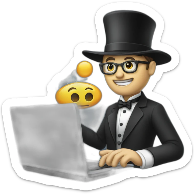 magician programming a laptop with an emoji of a truck on the laptop screen sticker