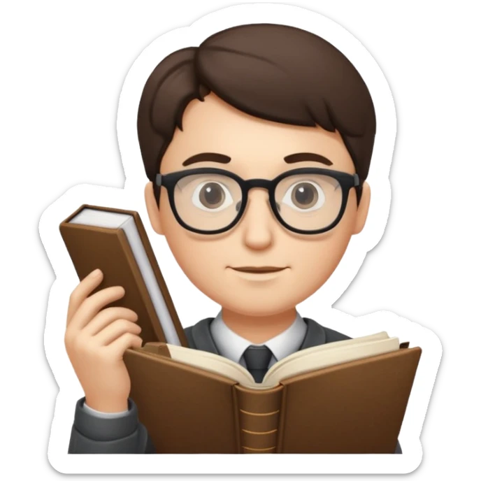 writer holding big pen in hand and book in other hand, wearing glasses sticker