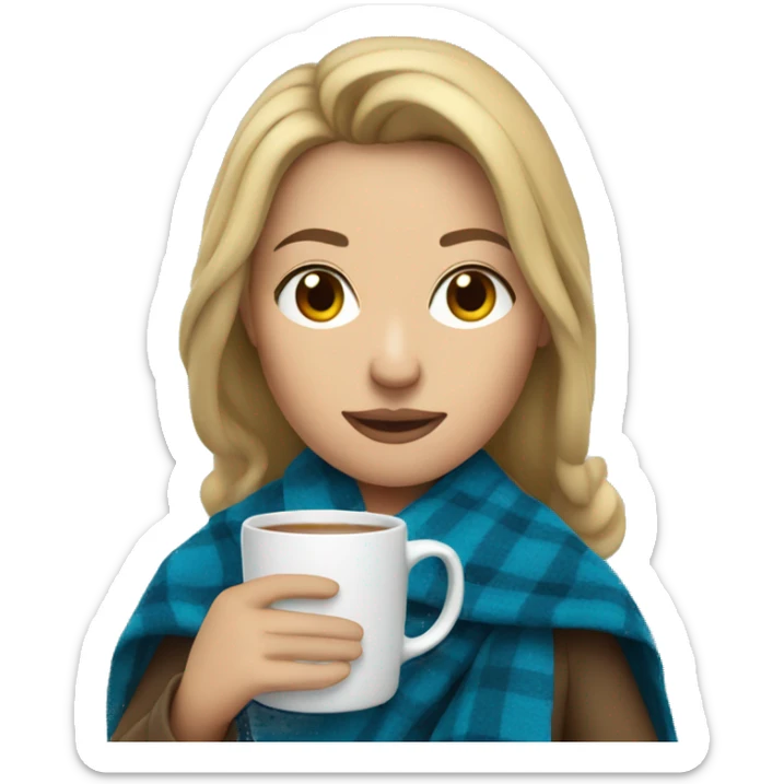 Dark blonde hair woman with blue fall blanket holding mug sticker