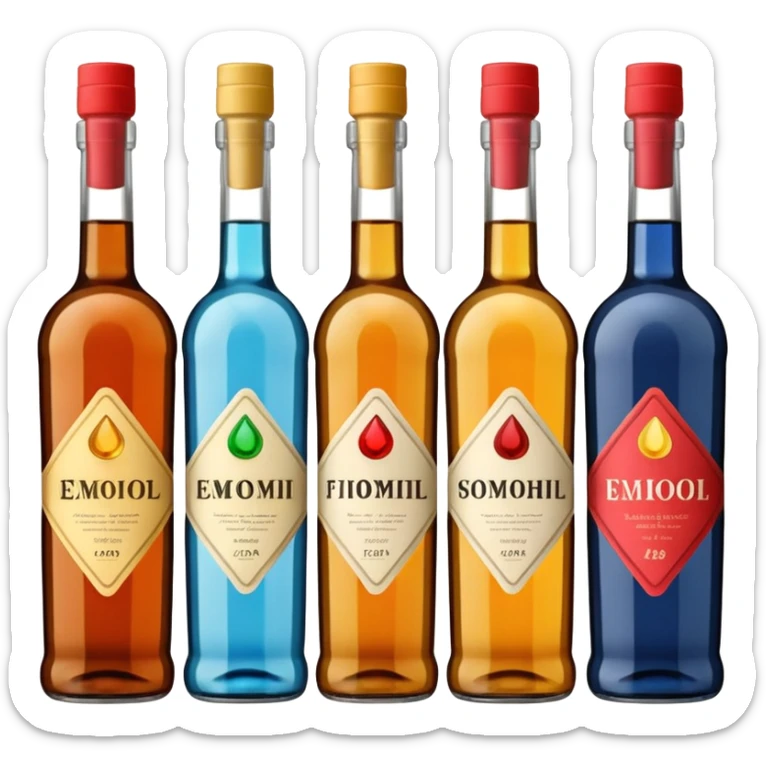 Four bottles of alcohol, each with distinct shapes and labels, arranged neatly in a row. The bottles should vary in color and size, with detailed labels and caps. sticker