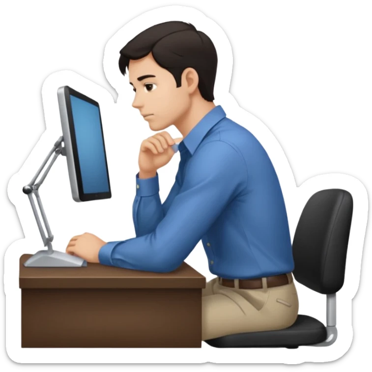  iOS emoji style - Side profile of a man with dark hair and wearing a collared-shirt. He sits with hunched posture at a desk. sticker