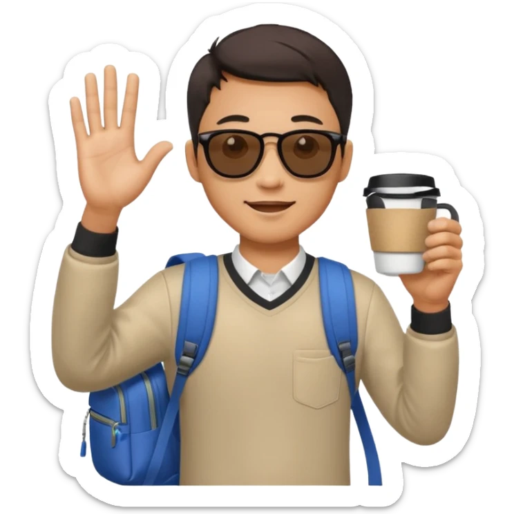 An asian man wearing sunglasses and carrying a backpack, holding a cup of coffee and waving his hand (in greeting) sticker