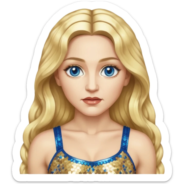 Madonna with blonde long hair, gold sequin crop top, blue eye sticker