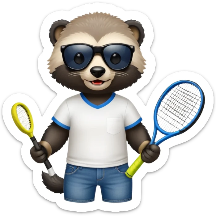 mischievous anthropomorphised honey badger in jeans and a t-shirt, wearing sunglasses, holding a tennis racket sticker