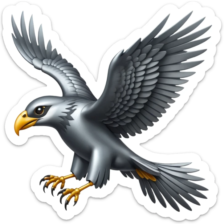 Emoji-style icon of a large metallic predatory bird flying, sharp wings, steel texture, dramatic pose, no gold sticker