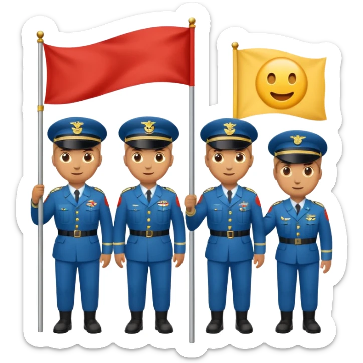 three soldiers pushing a flagpole inspired by the Raising the Flag on Iwo Jima photo, emoji style, rounded shapes, minimal detail, no text sticker
