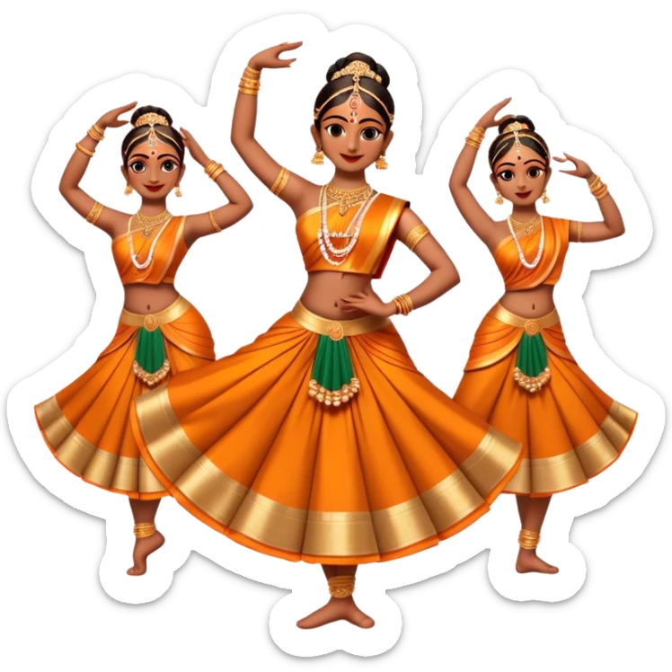 Cinematic Realistic Bharatanatyam Dance Emoji, depicted as an elegant classical Indian dance performance with graceful poses, intricate costumes, and expressive hand gestures, rendered with rich textures and warm dramatic lighting that captures its timeless beauty. sticker