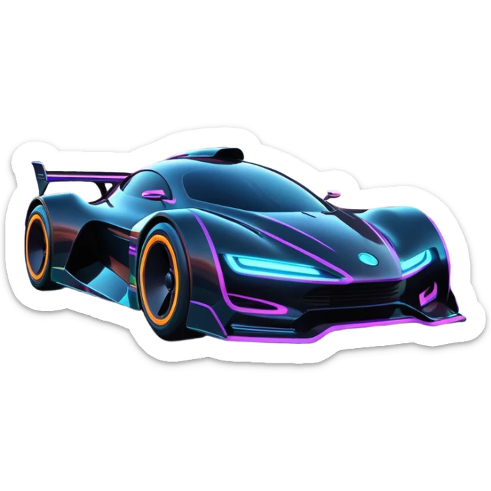 A futuristic racing car with glowing neon lights, sleek aerodynamic design, and a cyberpunk cityscape in the background. The car is speeding through a neon-lit street with high-tech buildings and holograms." sticker