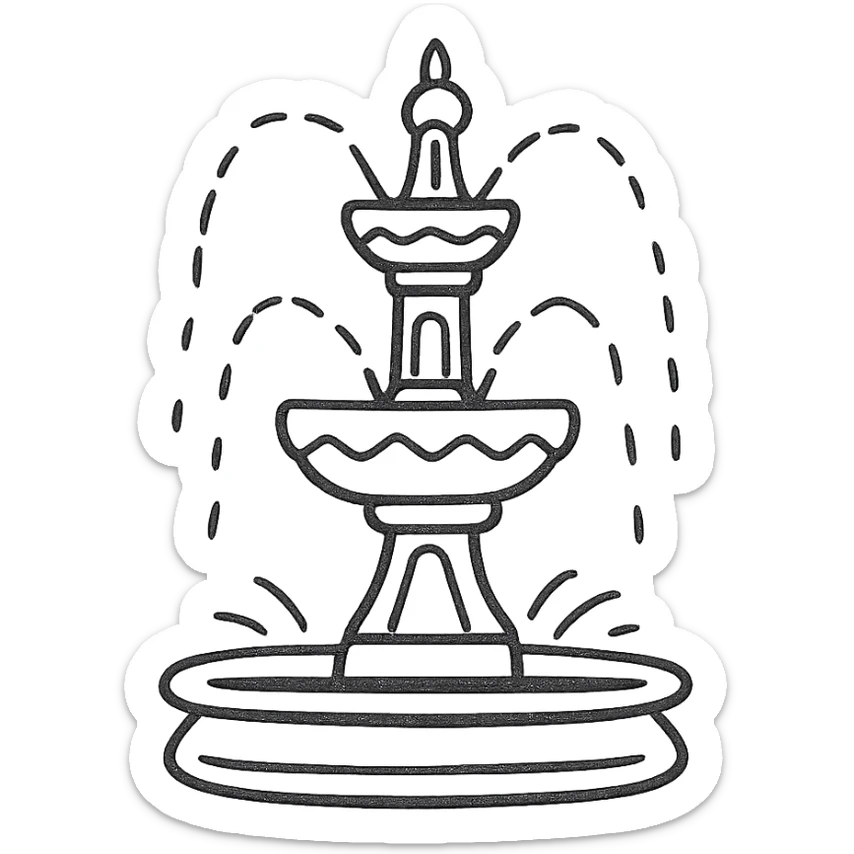 Casa Bonita Fountain, hand-drawn, black outline, whimsical, water jets, simple background sticker