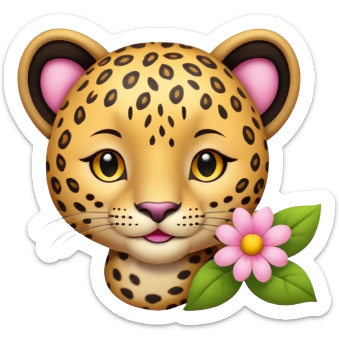 A leopard with eyes closed and a peaceful smile. A pink flower with a yellow center is tucked behind its right ear
 sticker