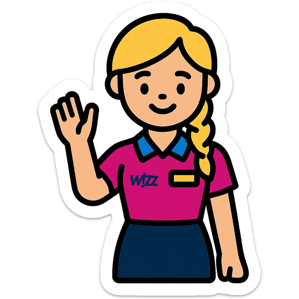 flat cartoon emoji of a smiling Wizz Air flight attendant, blonde side braid, vivid pink and blue uniform, navy skirt, name tag, upright and waving, actual colors from reference photo for uniform, hair, and skin, transparent background, stylized and welcoming sticker