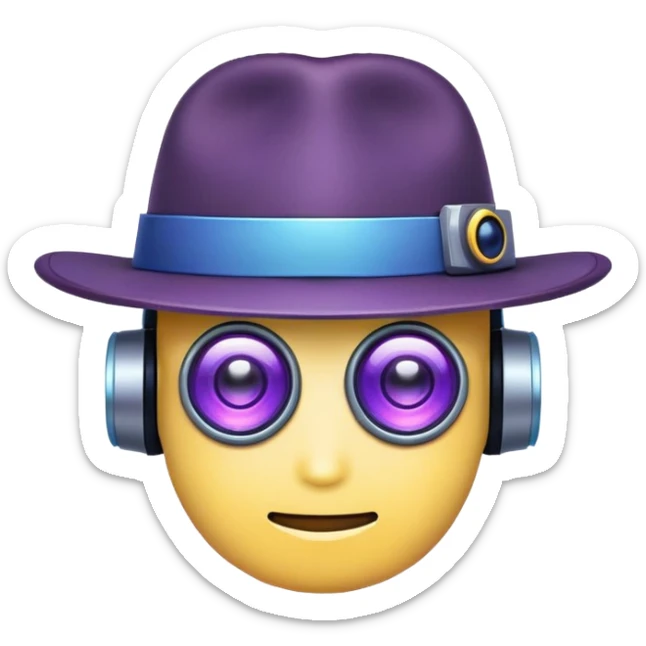 "Create a pixel-style emoji that represents the Kaito brand — a futuristic, AI-powered explorer. The emoji should combine a cute robotic face with a hint of mystery (like a small detective hat or a glowing monocle). Include subtle purple and blue accents to match a high-tech, cyberpunk vibe. It should look fun and expressive, ideal for chats or as a community symbol." sticker