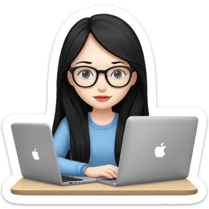 girl with long black hair sitting and typing on a laptop sticker