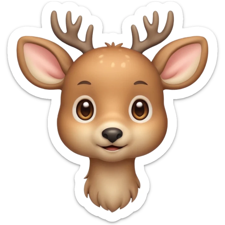 A cute beige deer emoji, small and simple, with big round eyes, a gentle smile, short antlers, soft beige fur with slightly lighter spots on its back, rounded cartoon-like proportions, minimal shading, vector-style, sticker