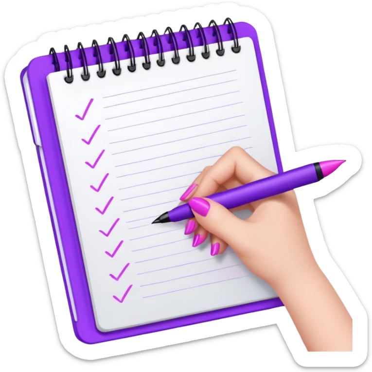 close-up of a woman's hand with purple manicure writing in a notebook using a pink pen sticker