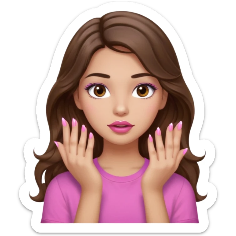 girl with long wavy brown hair, brown eyes, light to medium complexion, in a pink shirt, pink lips, long lashes, puckered lips, showing off painting nails sticker