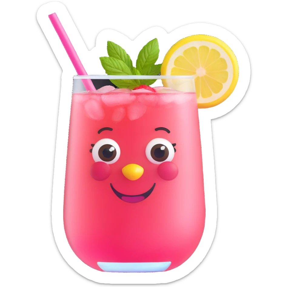 cheerful memoji-inspired character as glass of strawberry spritz lemonade with expressive eyes, big smile, pink bubbly drink, strawberry slices, mint, lemon, striped straw, fun stylish sticker