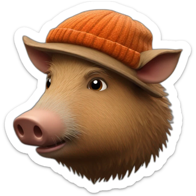 fullface wild brown boar tired of life with stubble with a winter hat sticker