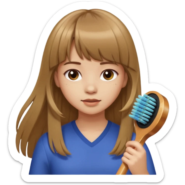 a girl with light skin and medium brown long hair with bangs who is brushing her hair sticker