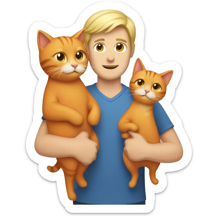 Blonde man holding one beige cat and one orange cat in his arms sticker