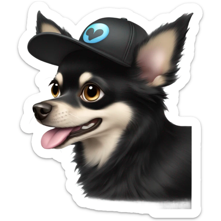 cute black long fur Chihuahua held by old blue eyes man with goatee and ball cap sticker