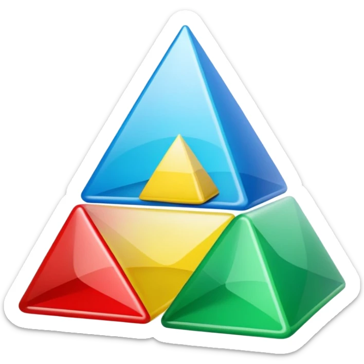 “Cute 3D cartoon emoji sticker of a pyramid made from glossy plastic glasses (blue, green, red). Soft lighting, smooth shadows, playful look, glossy plastic texture, white sticker outline, transparent background, high resolution.” sticker