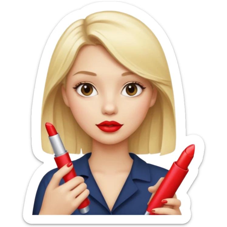 a girl with blonde hair is holding lipstick on her hand sticker