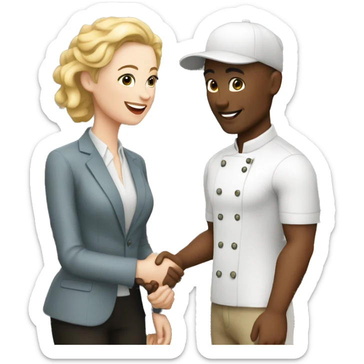 restaurant owner and blogger shaking hands, both with white skin, in great detail sticker