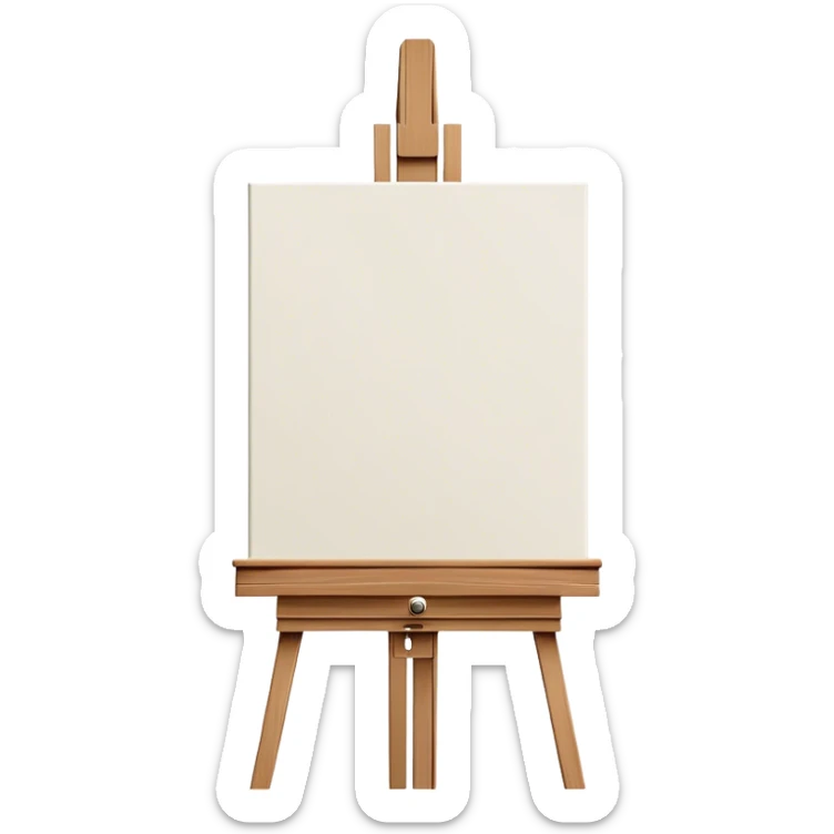 Cinematic Realistic image of a pristine canvas mounted on a sturdy wooden easel, with the canvas’ smooth surface and the easel’s detailed grain rendered in soft natural light, evoking a quiet moment of creative anticipation sticker