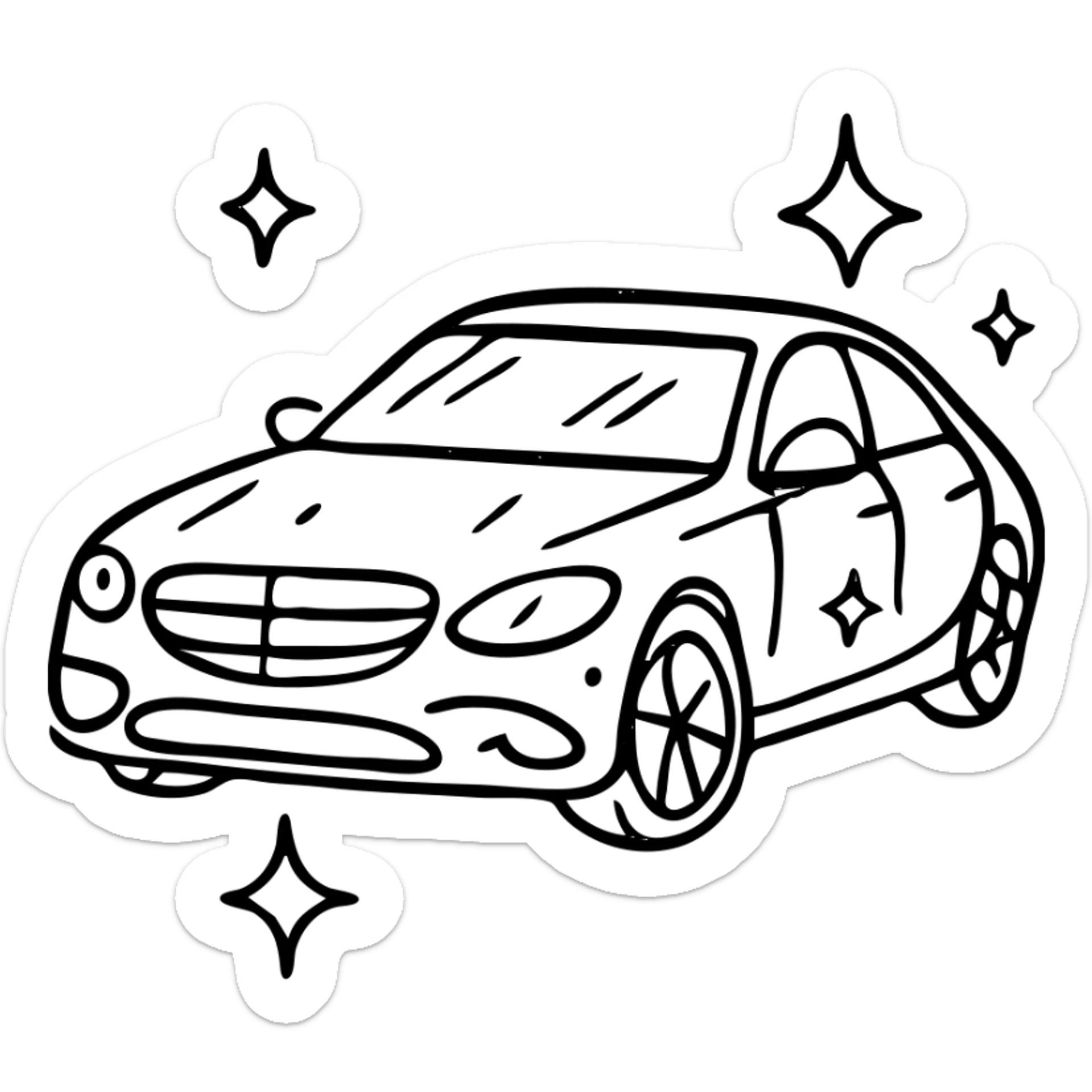 hand-drawn outlined icon of a luxury car, glossy black with multiple small stars and strong reflections, impeccable perfectly clean finish, clean and modern sticker