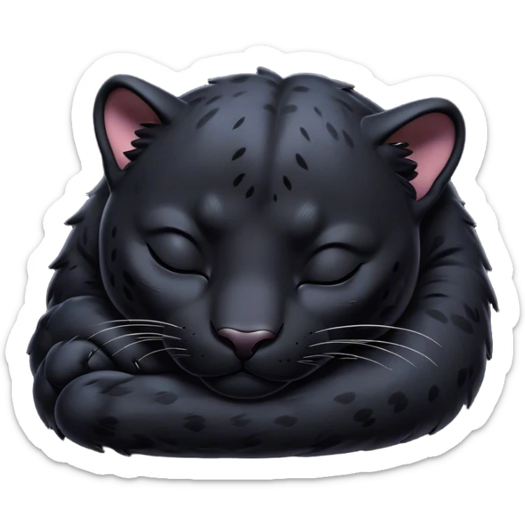 Meme-Worthy cute Sleeping Panther Portrait Emoji, Head resting peacefully with a contented smile, showcasing a luxuriously sleek form and eyes gently closed in serene slumber, Simplified yet comically adorable features, highly detailed, glowing with a soft, drowsy dark light, high shine, relaxed and utterly lovable, stylized with an air of playful laziness, bright and heartwarming, soft glowing outline, capturing the essence of a sleeping panther that feels destined to become the next viral icon of adorable rest! sticker